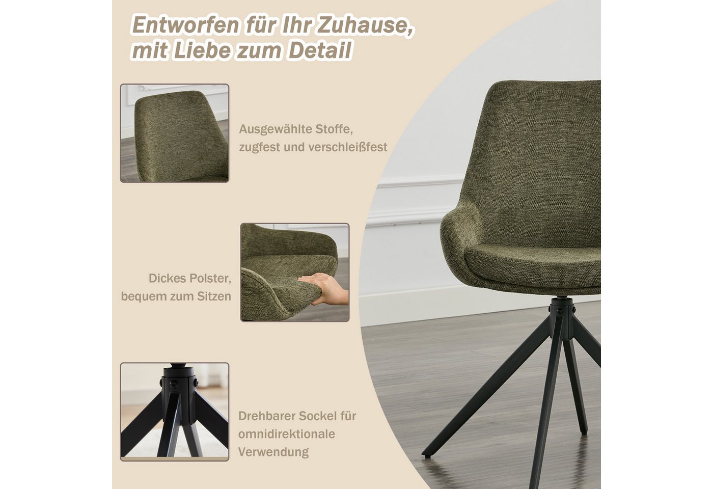 AISALL Polsterstuhl moderner Restaurantstuhl, Küchenstuhl ohne Armlehnen, drehbar (2 St), Esszimmerstuhl, ergonomischer Komfort & Vielseitig Einsetzbar – Bild 4 von 5