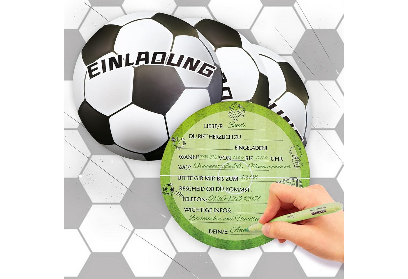 aitsite Einladungskarten 12er Set Einladungskarten Kindergeburtstag Fußball Design Party Karten, 12er Set Fußball Einladungskarten Kindergeburtstag, beschreibba – Bild 5 von 5