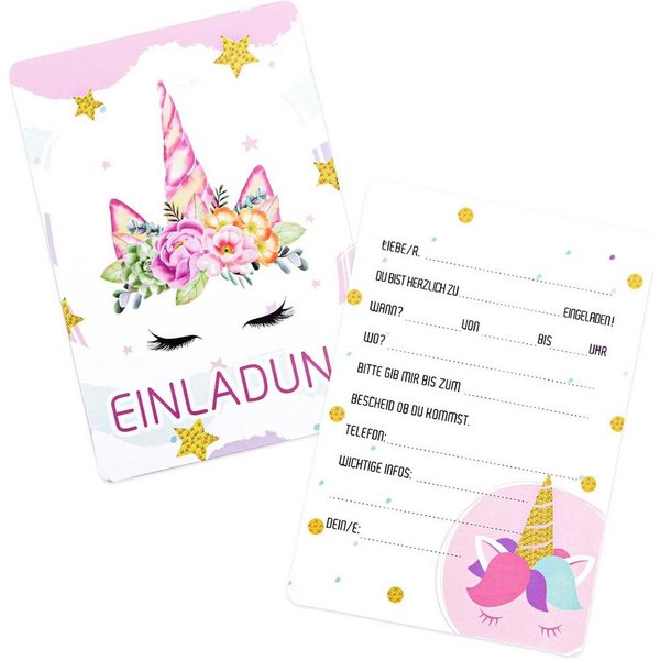 aitsite Einladungskarten 12er Set Einladungskarten Kindergeburtstag Einhorn Design Party Karten, 12er Set Einhorn Einladungskarten Kindergeburtstag, beschreibba