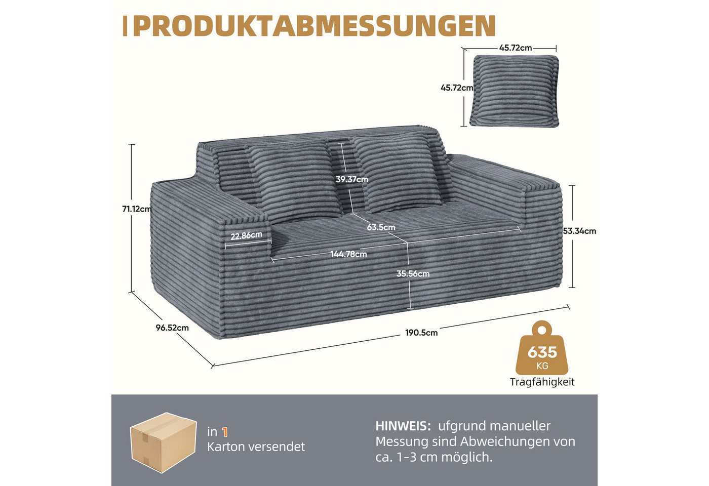 Aivermeil Sofa 2-3-Sitzer Kord-Sofa, montagefrei, 1 Teile, All-in-One Cloud-Sofa mit 2 Kissen für Wohn- & Schlafzimmer – Bild 2 von 5