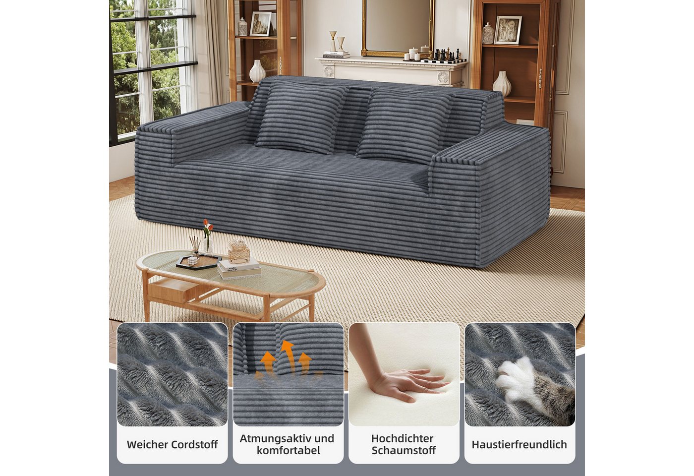 Aivermeil Sofa 2-3-Sitzer Kord-Sofa, montagefrei, 1 Teile, All-in-One Cloud-Sofa mit 2 Kissen für Wohn- & Schlafzimmer – Bild 4 von 5
