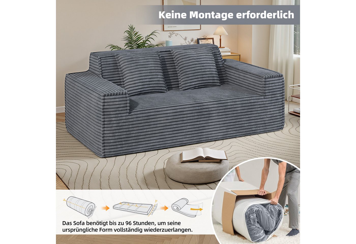 Aivermeil Sofa 2-3-Sitzer Kord-Sofa, montagefrei, 1 Teile, All-in-One Cloud-Sofa mit 2 Kissen für Wohn- & Schlafzimmer – Bild 5 von 5