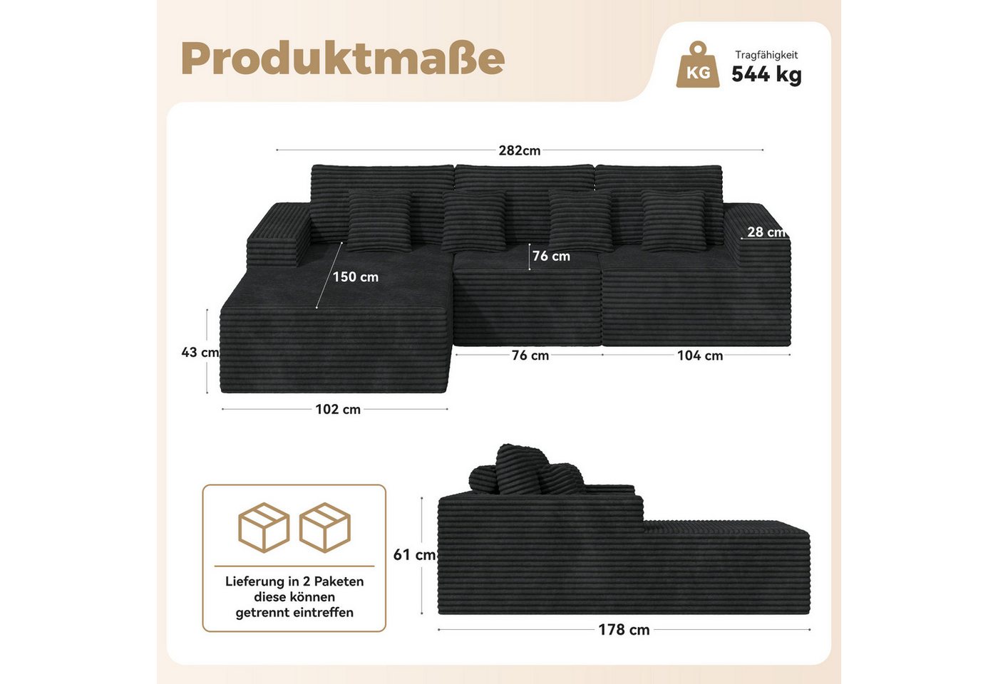 Aivermeil Sofa Modernes Modulares Wolkensofa 282cm L-Form, Bodensofa, Ecksofa 3–4 Sitzer ohne Montage für Wohn- und Schlafzimmer – Bild 2 von 5