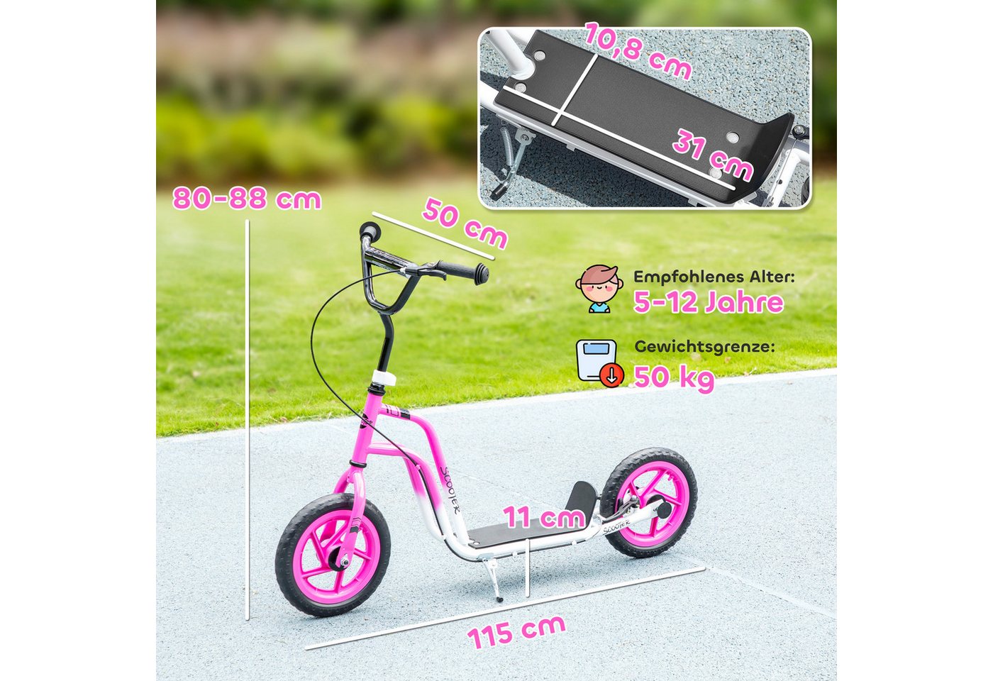 AIYAPLAY Cityroller Kinderroller Scooter mit verstellbarem Lenker und großen Rädern, (Kinderroller, 1 tlg., Tretroller), für Kinder im Alter von 5-12 Jahren, Ro – Bild 3 von 5