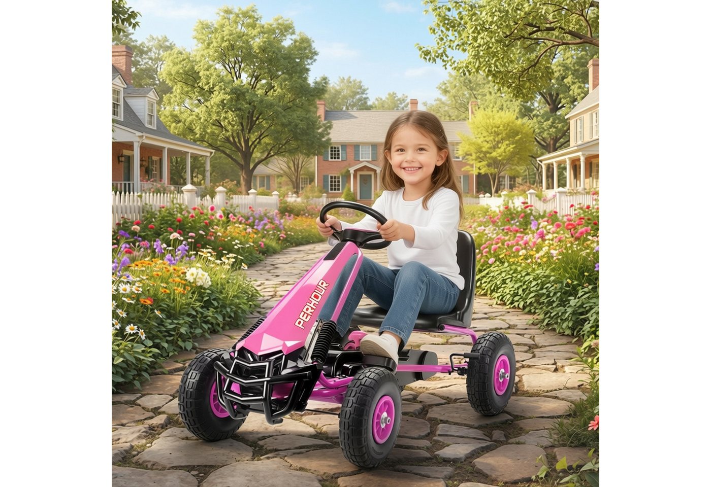 AIYAPLAY Go-Kart Tretauto mit Handbremse, verstellbarem Sitz, Pedalantrieb, für Kinder 3-8 Jahren, Rosa – Bild 2 von 5