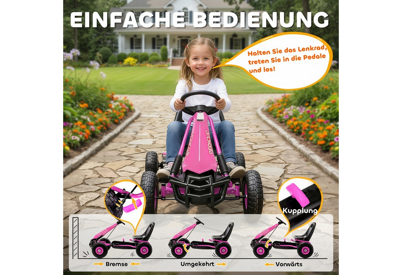 AIYAPLAY Go-Kart Tretauto mit Handbremse, verstellbarem Sitz, Pedalantrieb, für Kinder 3-8 Jahren, Rosa – Bild 4 von 5
