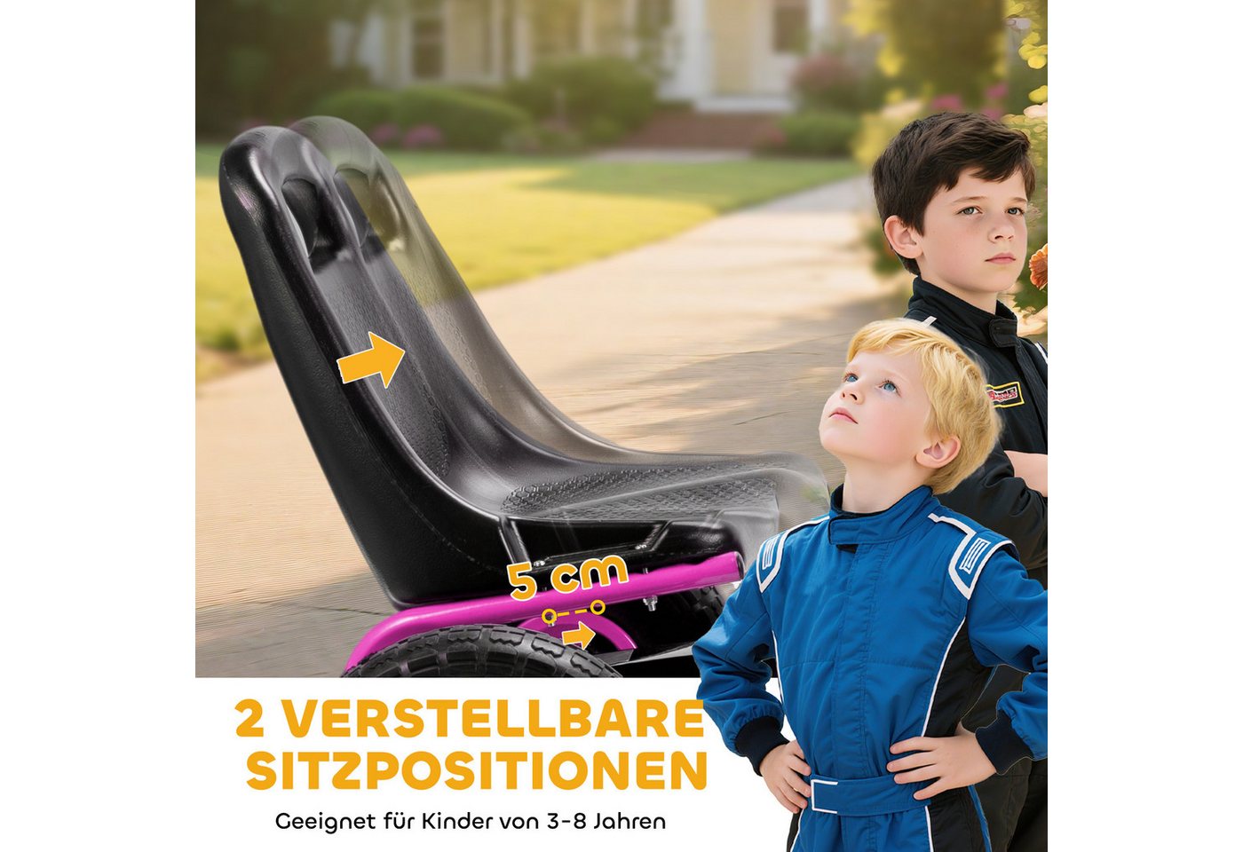 AIYAPLAY Go-Kart Tretauto mit Handbremse, verstellbarem Sitz, Pedalantrieb, für Kinder 3-8 Jahren, Rosa – Bild 5 von 5