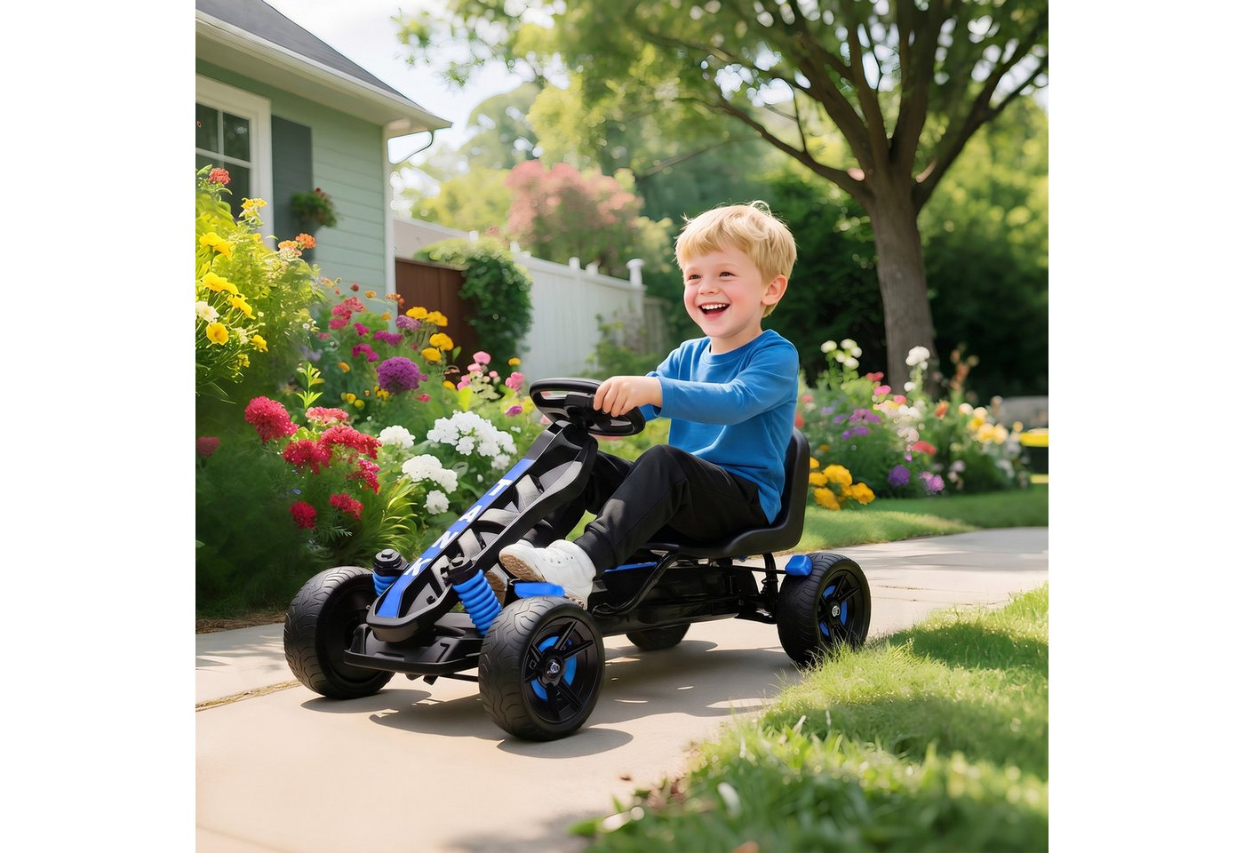 AIYAPLAY Go-Kart Tretauto mit Handbremse, Vor- und Rückwärtsgang, Tretfahrzeug, für Kinder 3-6 Jahren Blau – Bild 2 von 5