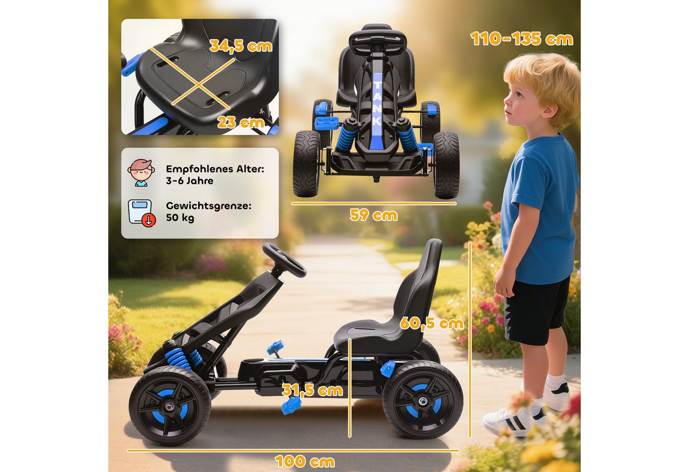 AIYAPLAY Go-Kart Tretauto mit Handbremse, Vor- und Rückwärtsgang, Tretfahrzeug, für Kinder 3-6 Jahren Blau – Bild 3 von 5