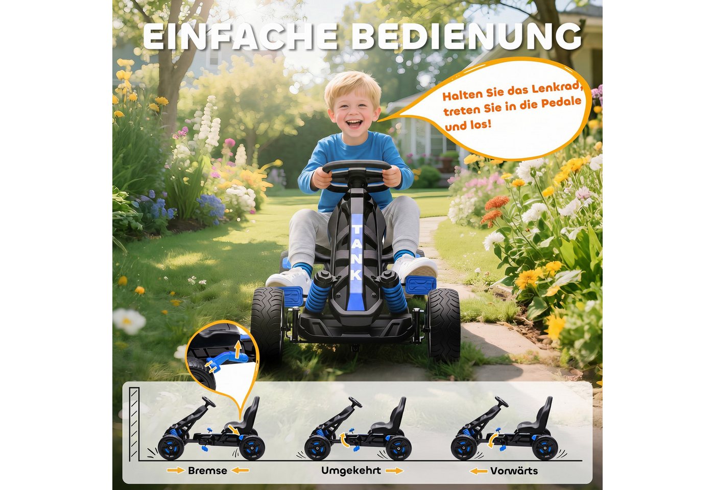 AIYAPLAY Go-Kart Tretauto mit Handbremse, Vor- und Rückwärtsgang, Tretfahrzeug, für Kinder 3-6 Jahren Blau – Bild 4 von 5