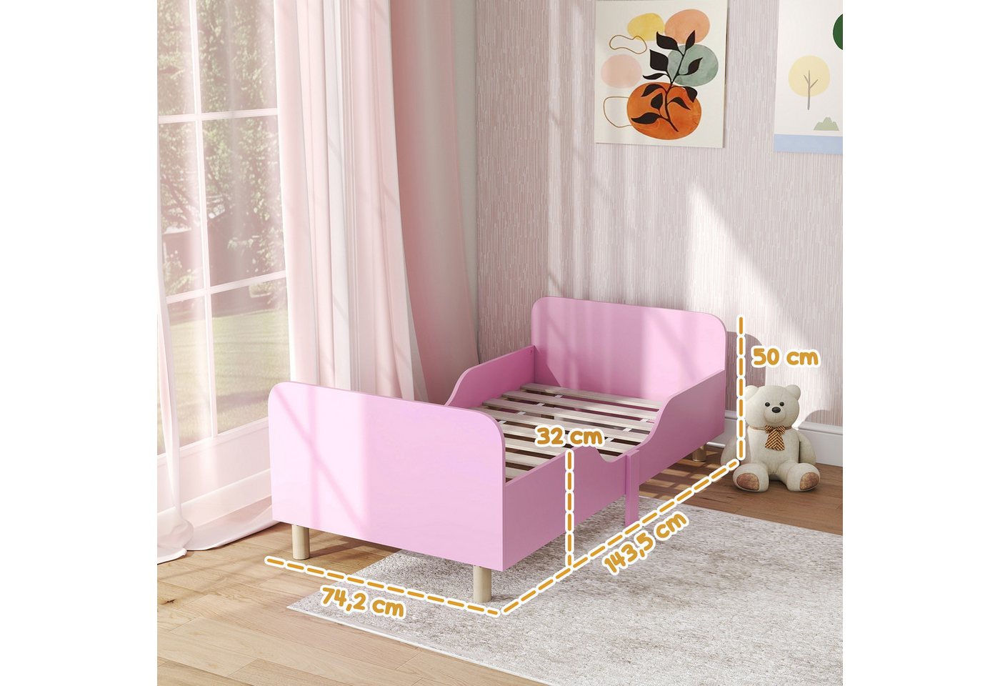 AIYAPLAY Kinderbett Kinderbett mit Rausfallschutz, Jugendbett mit Lattenrost (140 x 70 cm Jugendbett, 1-tlg., Einzelbett aus Holz), Holzbett für Mädchen und Jun – Bild 3 von 5