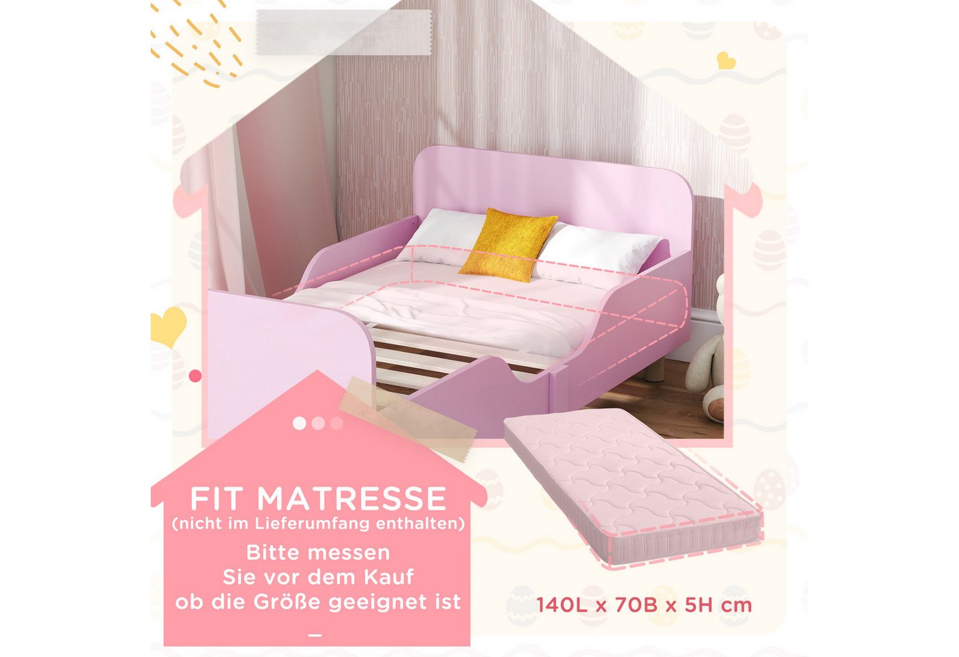 AIYAPLAY Kinderbett Kinderbett mit Rausfallschutz, Jugendbett mit Lattenrost (140 x 70 cm Jugendbett, 1-tlg., Einzelbett aus Holz), Holzbett für Mädchen und Jun – Bild 4 von 5