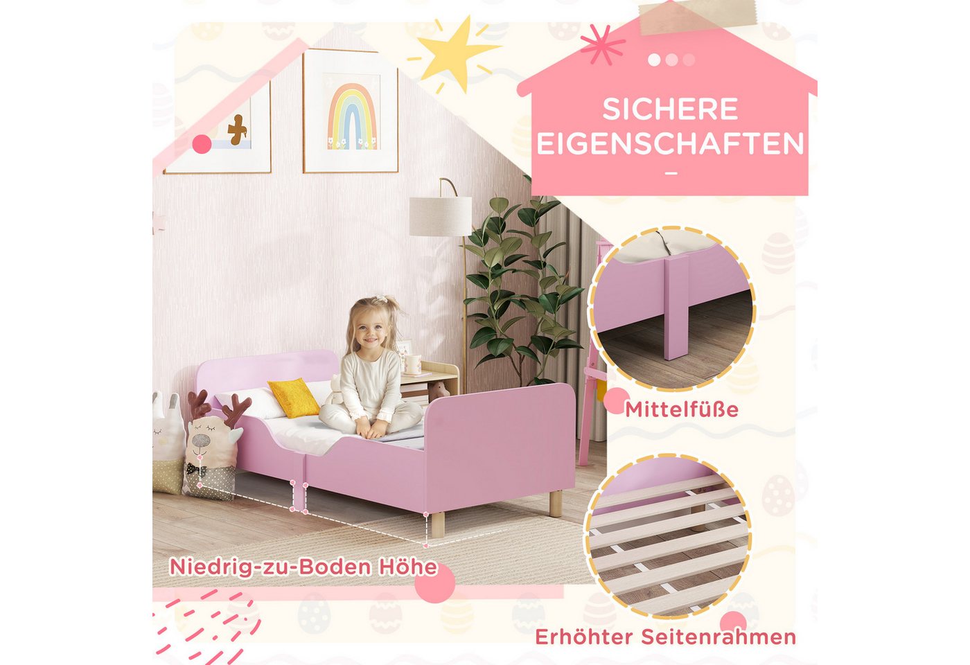 AIYAPLAY Kinderbett Kinderbett mit Rausfallschutz, Jugendbett mit Lattenrost (140 x 70 cm Jugendbett, 1-tlg., Einzelbett aus Holz), Holzbett für Mädchen und Jun – Bild 5 von 5