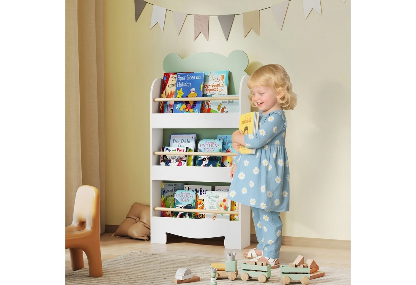 AIYAPLAY Kinderregal Bücherregal Kinder, Kinderregal mit 3 Regal, Bücherregal Kinder 1-tlg., für Bücher Spielzeug Kinderzimmer, 55 x 15 x 110 cm, Grün – Bild 2 von 5