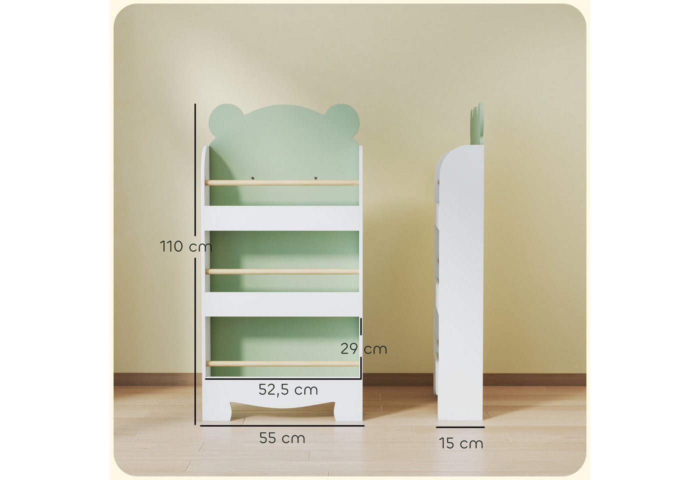AIYAPLAY Kinderregal Bücherregal Kinder, Kinderregal mit 3 Regal, Bücherregal Kinder 1-tlg., für Bücher Spielzeug Kinderzimmer, 55 x 15 x 110 cm, Grün – Bild 3 von 5