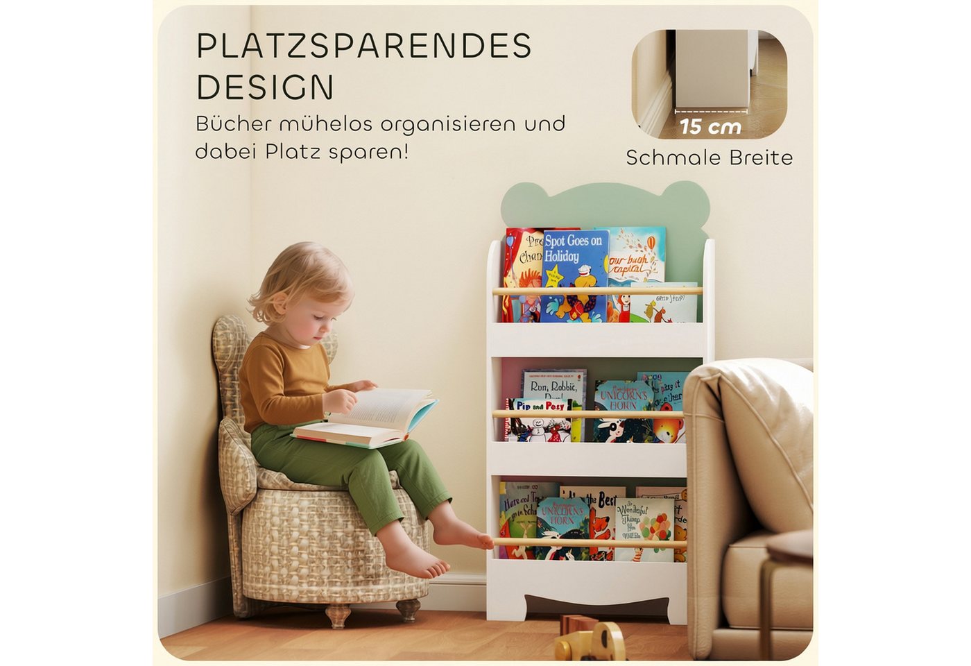 AIYAPLAY Kinderregal Bücherregal Kinder, Kinderregal mit 3 Regal, Bücherregal Kinder 1-tlg., für Bücher Spielzeug Kinderzimmer, 55 x 15 x 110 cm, Grün – Bild 4 von 5