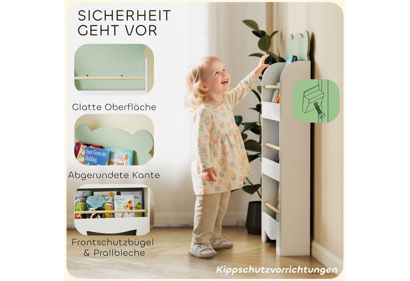AIYAPLAY Kinderregal Bücherregal Kinder, Kinderregal mit 3 Regal, Bücherregal Kinder 1-tlg., für Bücher Spielzeug Kinderzimmer, 55 x 15 x 110 cm, Grün – Bild 5 von 5