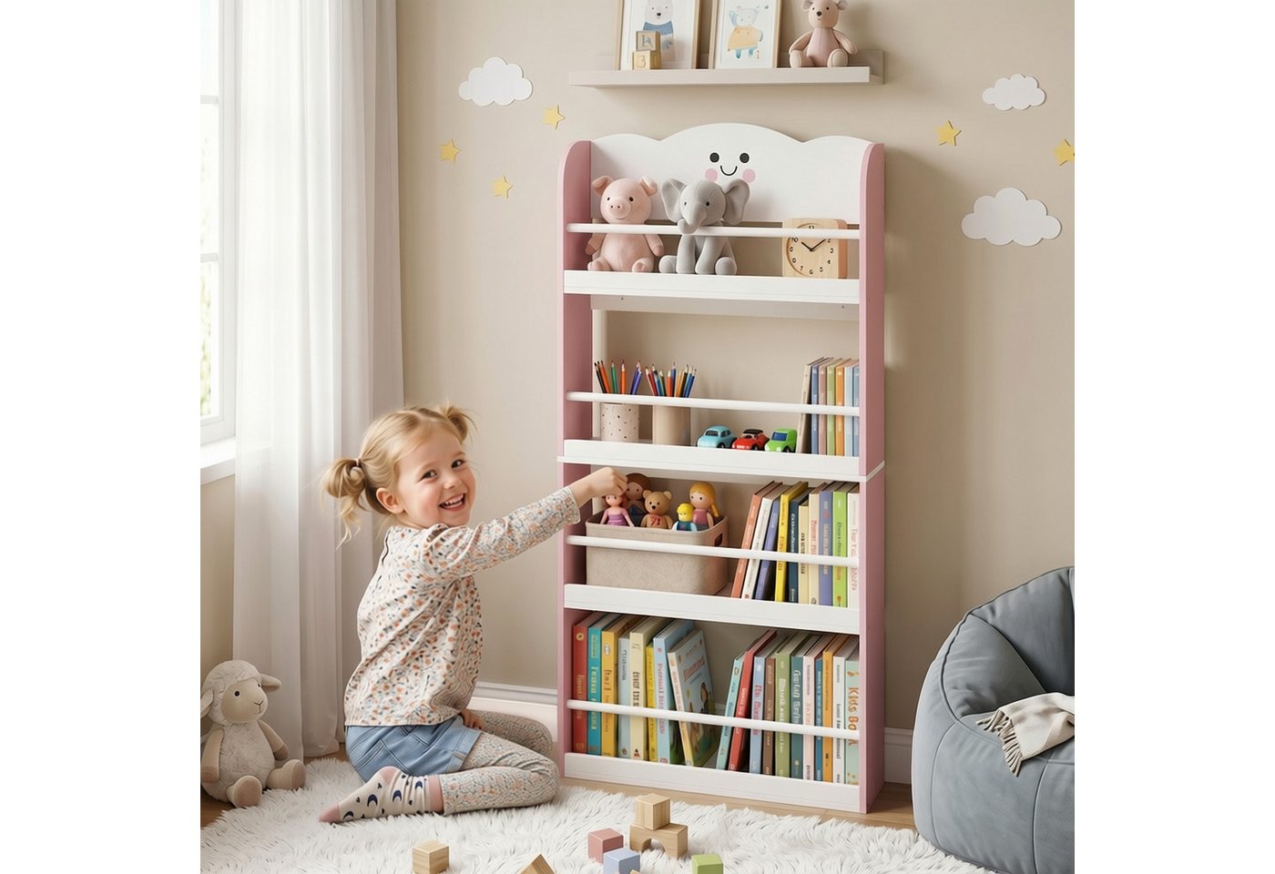 AIYAPLAY Kinderregal Bücherregal Kinder, 4 Etagen, Spielzeugregal, Zuckerwatte-Design, Kinderzimmerregal 1-tlg., Anti-Kipp-Kit, platzsparend – Bild 2 von 5