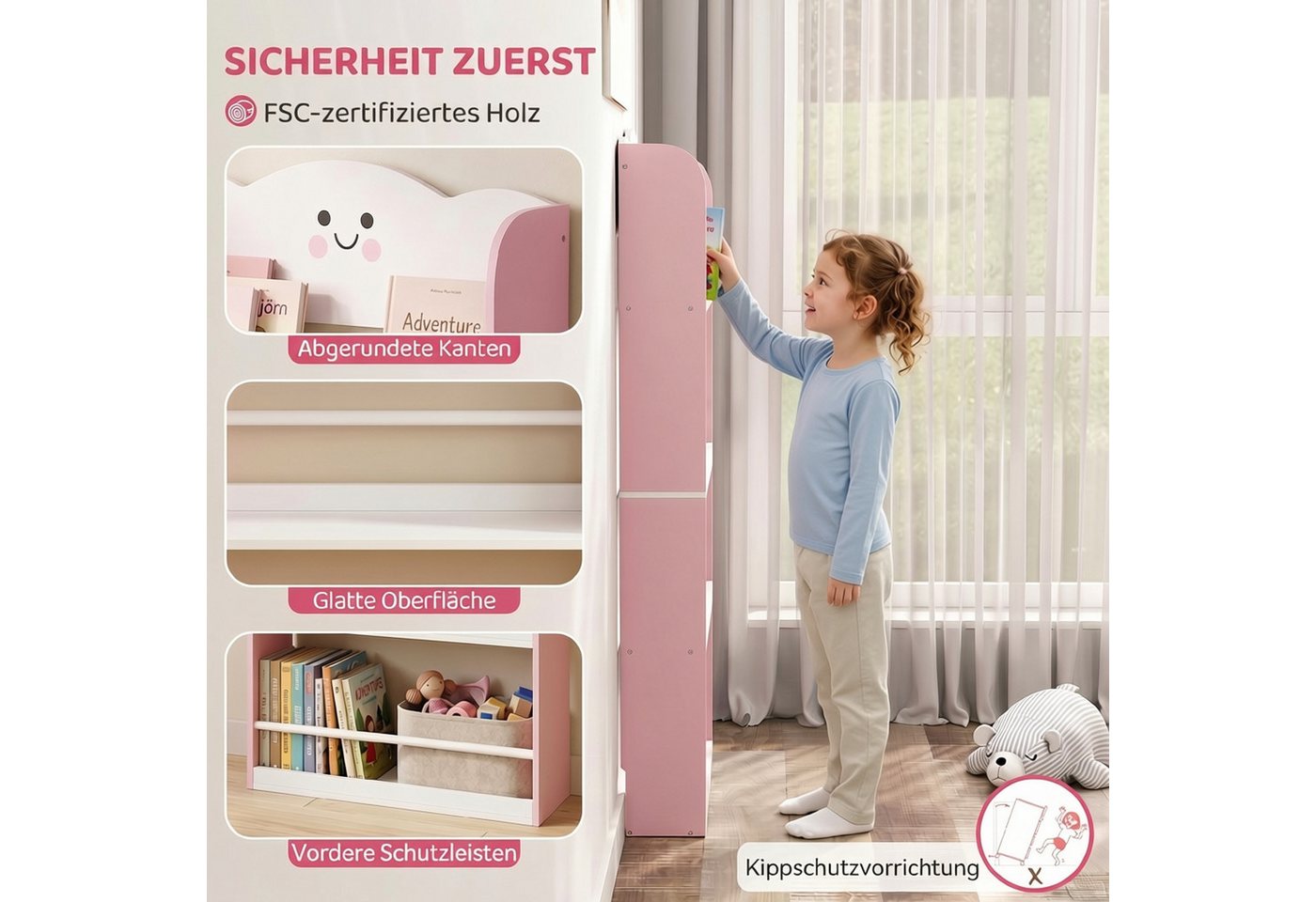 AIYAPLAY Kinderregal Bücherregal Kinder, 4 Etagen, Spielzeugregal, Zuckerwatte-Design, Kinderzimmerregal 1-tlg., Anti-Kipp-Kit, platzsparend – Bild 5 von 5