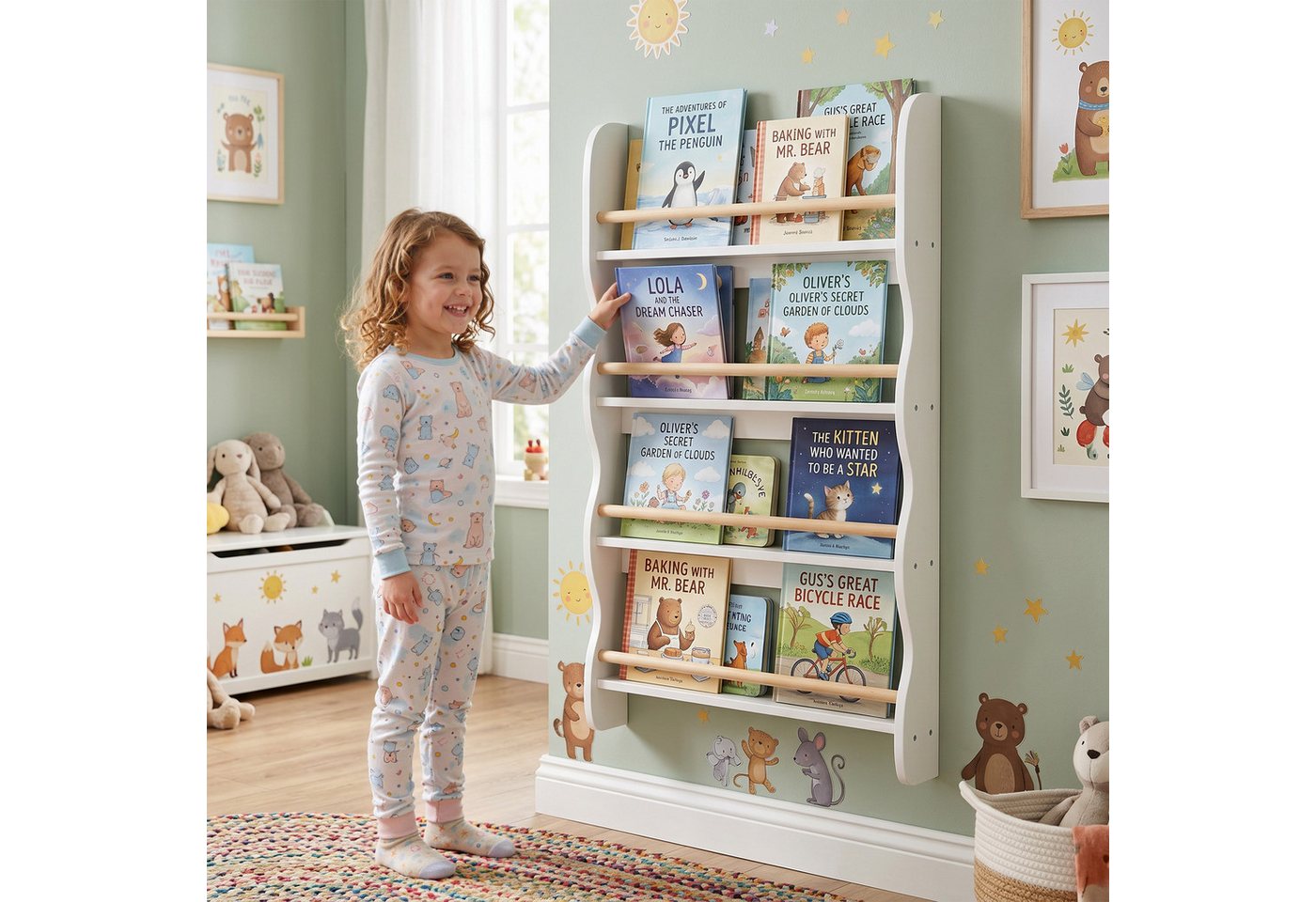 AIYAPLAY Kinderregal mit 4 Regal, Wandregal mit Kippschutz Montessori Platzsparend, Spielzeugregal 1-tlg., 60 x 10 x 98 cm, Weiß – Bild 2 von 5