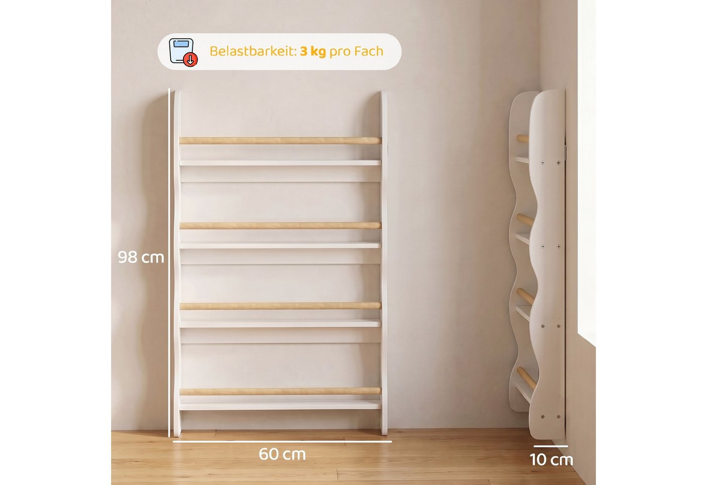 AIYAPLAY Kinderregal mit 4 Regal, Wandregal mit Kippschutz Montessori Platzsparend, Spielzeugregal 1-tlg., 60 x 10 x 98 cm, Weiß – Bild 3 von 5