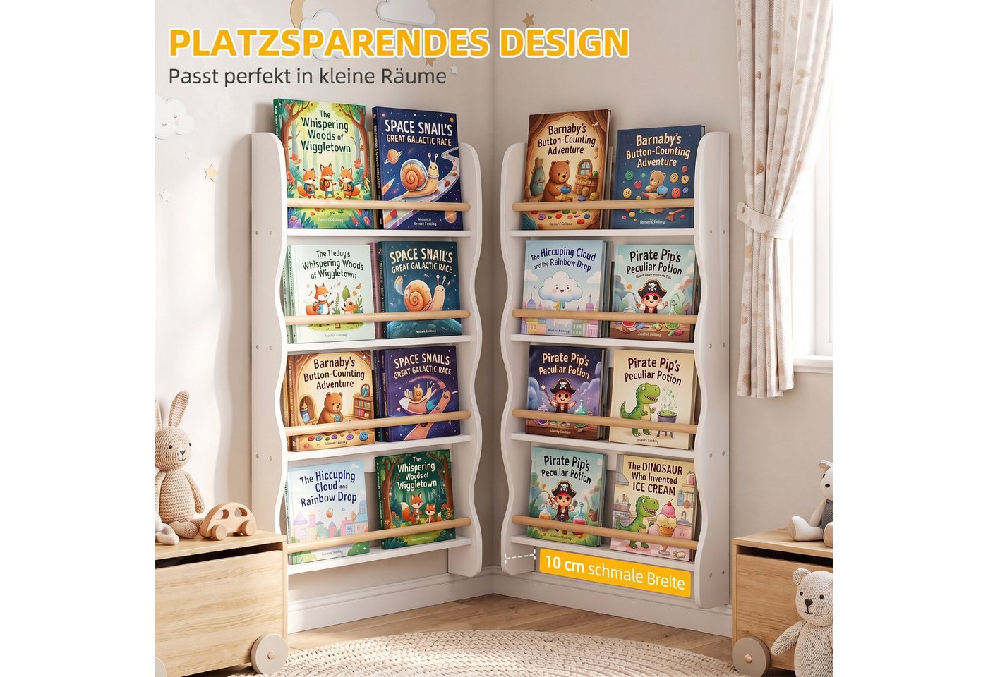 AIYAPLAY Kinderregal mit 4 Regal, Wandregal mit Kippschutz Montessori Platzsparend, Spielzeugregal 1-tlg., 60 x 10 x 98 cm, Weiß – Bild 4 von 5