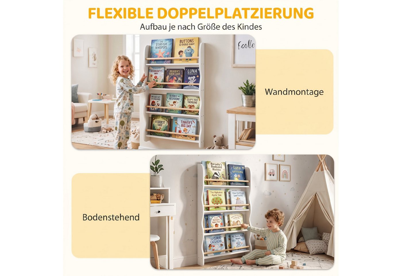 AIYAPLAY Kinderregal mit 4 Regal, Wandregal mit Kippschutz Montessori Platzsparend, Spielzeugregal 1-tlg., 60 x 10 x 98 cm, Weiß – Bild 5 von 5