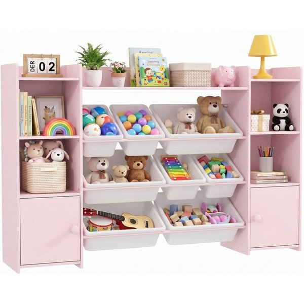AIYAPLAY Kinderregal Spielzeugregal, Bücherregal, 8 Aufbewahrungsboxen, 4 offene Fächer, Kinderregal 1-tlg., für Kinderzimmer, Spielzimmer, Wohnzimmer, 140 x 30