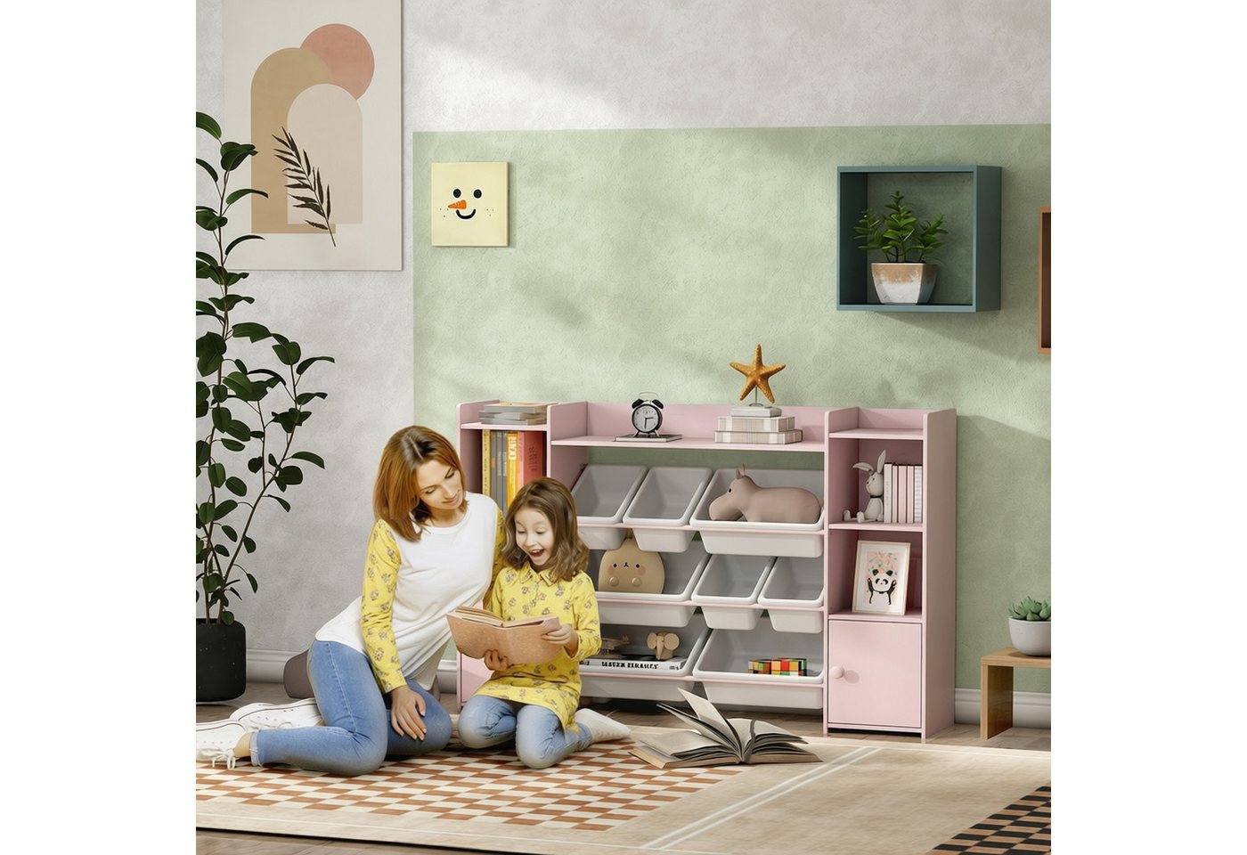 AIYAPLAY Kinderregal Spielzeugregal, Bücherregal, 8 Aufbewahrungsboxen, 4 offene Fächer, Kinderregal 1-tlg., für Kinderzimmer, Spielzimmer, Wohnzimmer, 140 x 30 – Bild 2 von 5