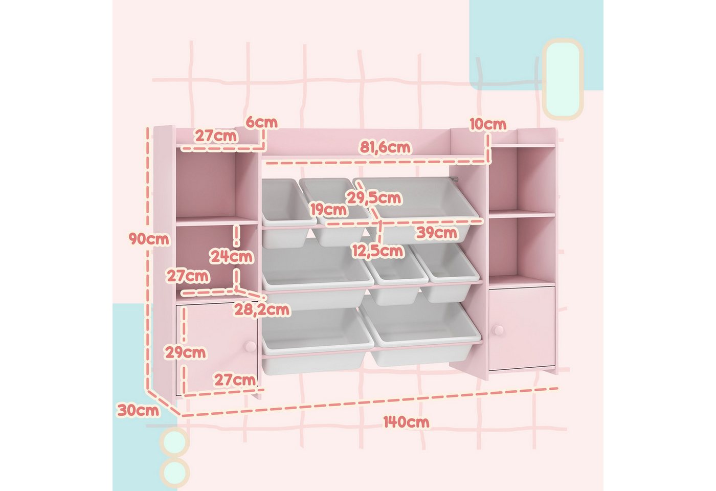 AIYAPLAY Kinderregal Spielzeugregal, Bücherregal, 8 Aufbewahrungsboxen, 4 offene Fächer, Kinderregal 1-tlg., für Kinderzimmer, Spielzimmer, Wohnzimmer, 140 x 30 – Bild 3 von 5