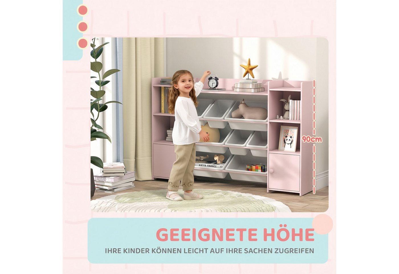 AIYAPLAY Kinderregal Spielzeugregal, Bücherregal, 8 Aufbewahrungsboxen, 4 offene Fächer, Kinderregal 1-tlg., für Kinderzimmer, Spielzimmer, Wohnzimmer, 140 x 30 – Bild 4 von 5