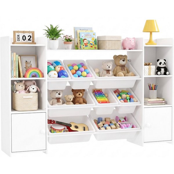 AIYAPLAY Kinderregal Spielzeugregal, Bücherregal, 8 Aufbewahrungsboxen, 4 offene Fächer, Spielzeugkiste 1-tlg., für Kinderzimmer, Kindergarten, Weiß