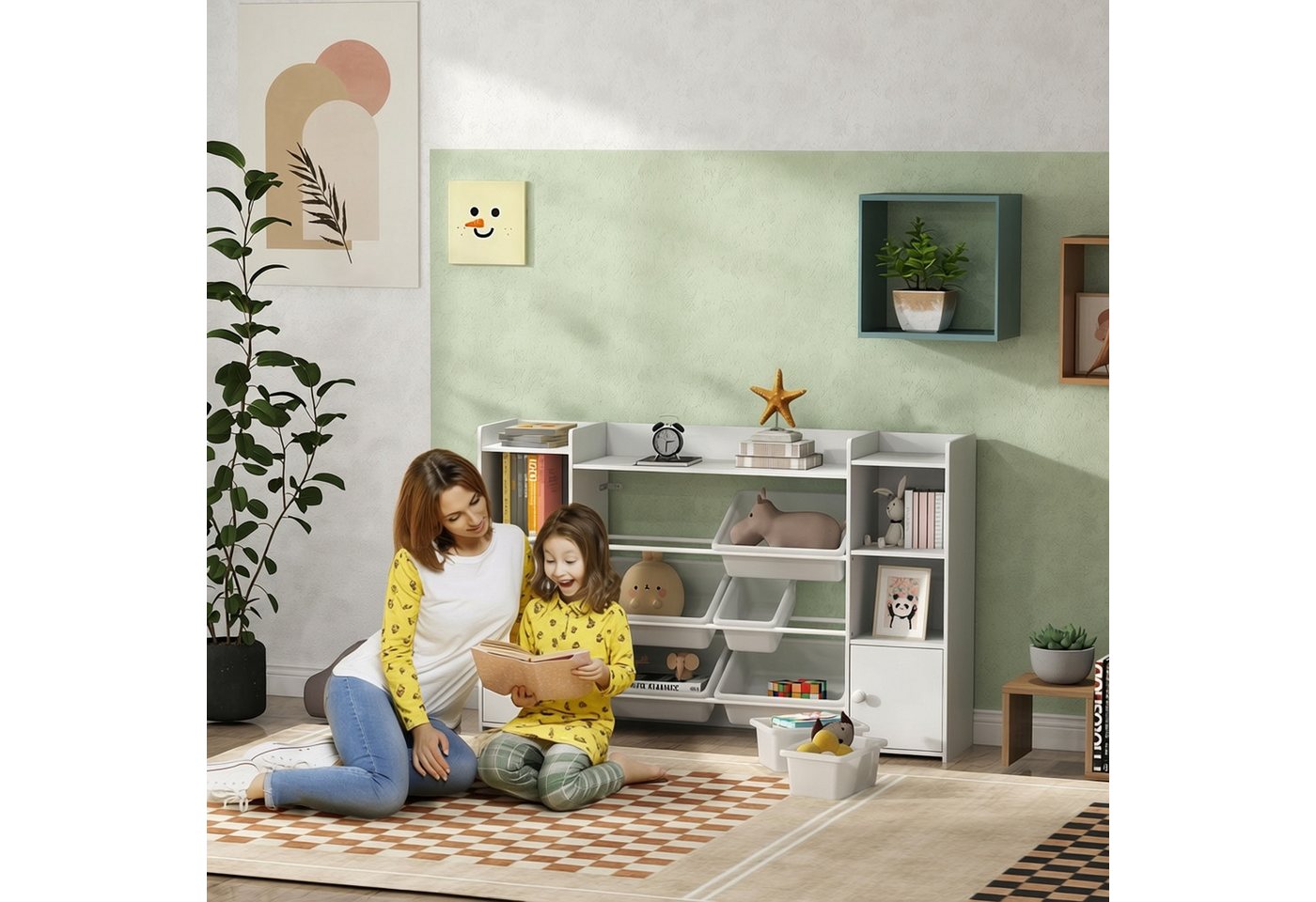 AIYAPLAY Kinderregal Spielzeugregal, Bücherregal, 8 Aufbewahrungsboxen, 4 offene Fächer, Spielzeugkiste 1-tlg., für Kinderzimmer, Kindergarten, Weiß – Bild 2 von 5