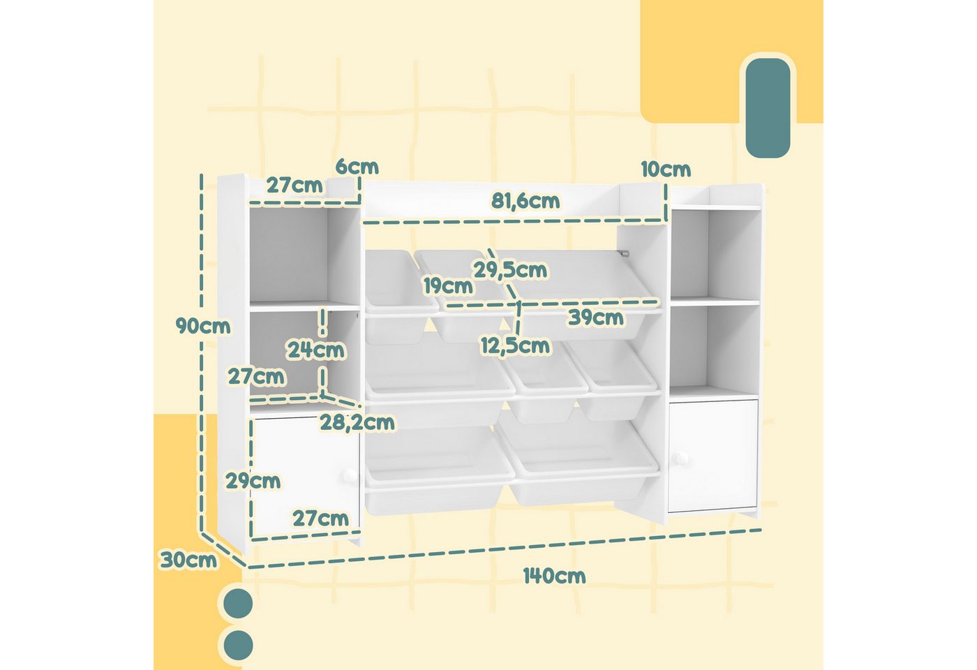 AIYAPLAY Kinderregal Spielzeugregal, Bücherregal, 8 Aufbewahrungsboxen, 4 offene Fächer, Spielzeugkiste 1-tlg., für Kinderzimmer, Kindergarten, Weiß – Bild 3 von 5