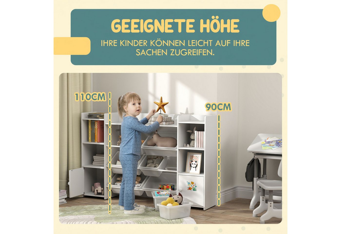 AIYAPLAY Kinderregal Spielzeugregal, Bücherregal, 8 Aufbewahrungsboxen, 4 offene Fächer, Spielzeugkiste 1-tlg., für Kinderzimmer, Kindergarten, Weiß – Bild 4 von 5