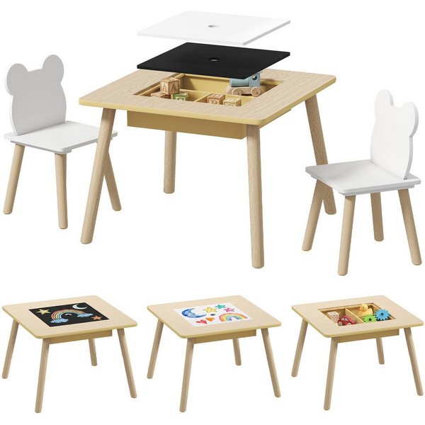 AIYAPLAY Kindersitzgruppe Kindertisch mit 2 Stühle, Stauraum, klappbare Tischplatte, (Kindertisch mit 2 Stühlen, 3-tlg., Kinder Tisch Stuhl Set), für Kinderzimm