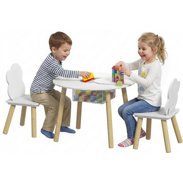 AIYAPLAY Kindersitzgruppe Kindertisch mit Aufbewahrungsnetz, Wolken-Design, Tisch Stuhl Set, (mit Holzbeinen, 3-tlg., 1 Tisch, 2 Stühle), für Kinderzimmer, für 