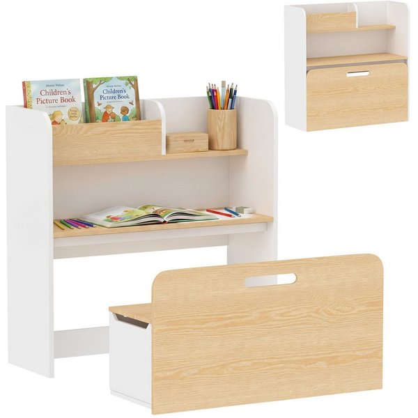 AIYAPLAY Kindersitzgruppe Kindertisch mit Sitzbank 5-in-1 mit Bücherregal rollbar Truhebank, (Kinder Tisch Stuhl Set, 2-tlg., Kindermöbel), für Kinderzimmer, fü