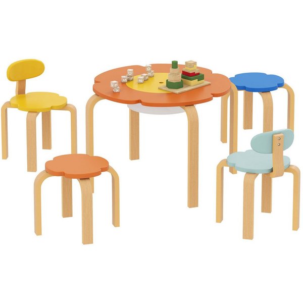 AIYAPLAY Kindersitzgruppe Kindertisch mit Stauraum Kindertisch Holz mit 4 Stühlen, (Kindermöbel, 5-tlg., 5-teiliges Set mit Tisch, Stühlen und Hockern), Blumenf