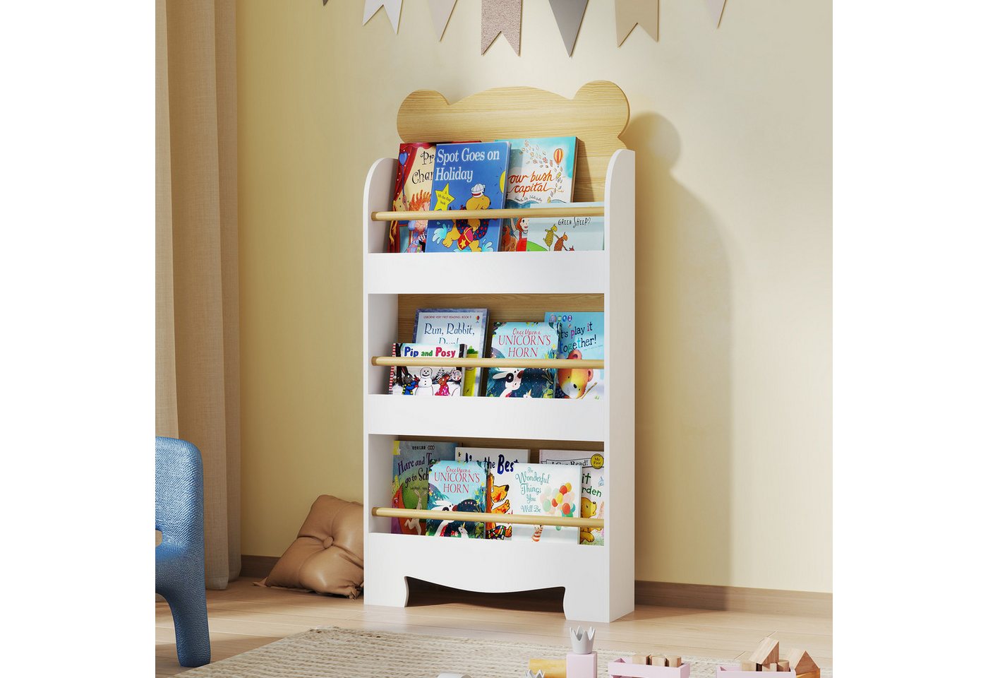 AIYAPLAY Regal Bücherregal Kinder, Kinderregal mit 3 Regal, Kinderregal aus Holz 1-tlg., für Kinderzimmer Spielzimmer 55x15x110cm Weiß – Bild 2 von 5