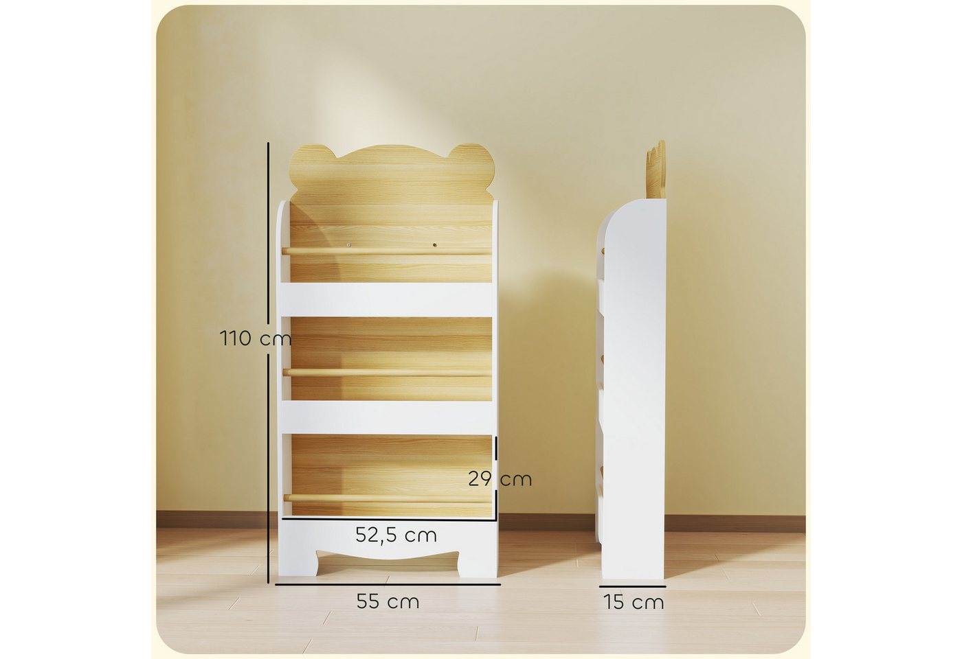 AIYAPLAY Regal Bücherregal Kinder, Kinderregal mit 3 Regal, Kinderregal aus Holz 1-tlg., für Kinderzimmer Spielzimmer 55x15x110cm Weiß – Bild 3 von 5
