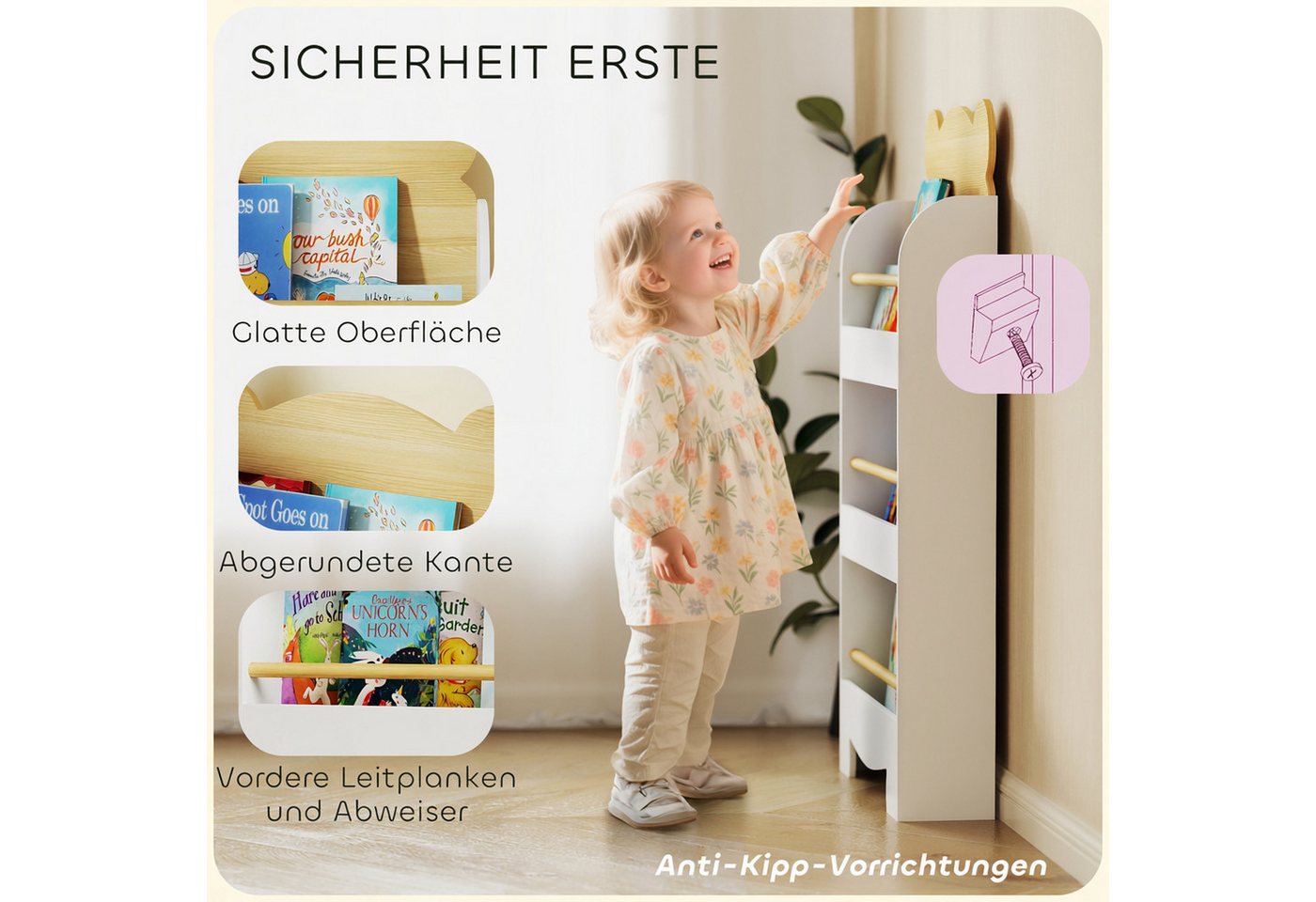 AIYAPLAY Regal Bücherregal Kinder, Kinderregal mit 3 Regal, Kinderregal aus Holz 1-tlg., für Kinderzimmer Spielzimmer 55x15x110cm Weiß – Bild 5 von 5