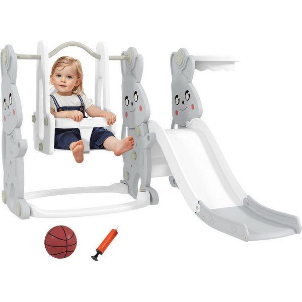 AIYAPLAY Rutsche 4-in-1 Kinderrutsche mit Schaukel Klettergerüst Basketballkorb, (Kleinkinderrutsche, 1-tlg., Kinder Spielplatz), für Indoor und Outdoor, Grau