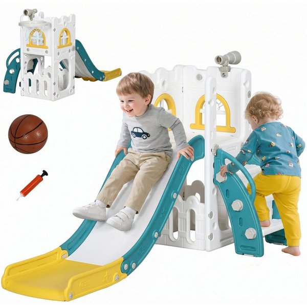 AIYAPLAY Rutsche Kinder 7-in-1 Klettergerüst mit Basketballkorb, (Kleinkinderrutsche, 1-tlg., 5 in 1 Kinderrutsche), für Kinder 1-3 Jahre, Indoor, Gelb 70 x 177
