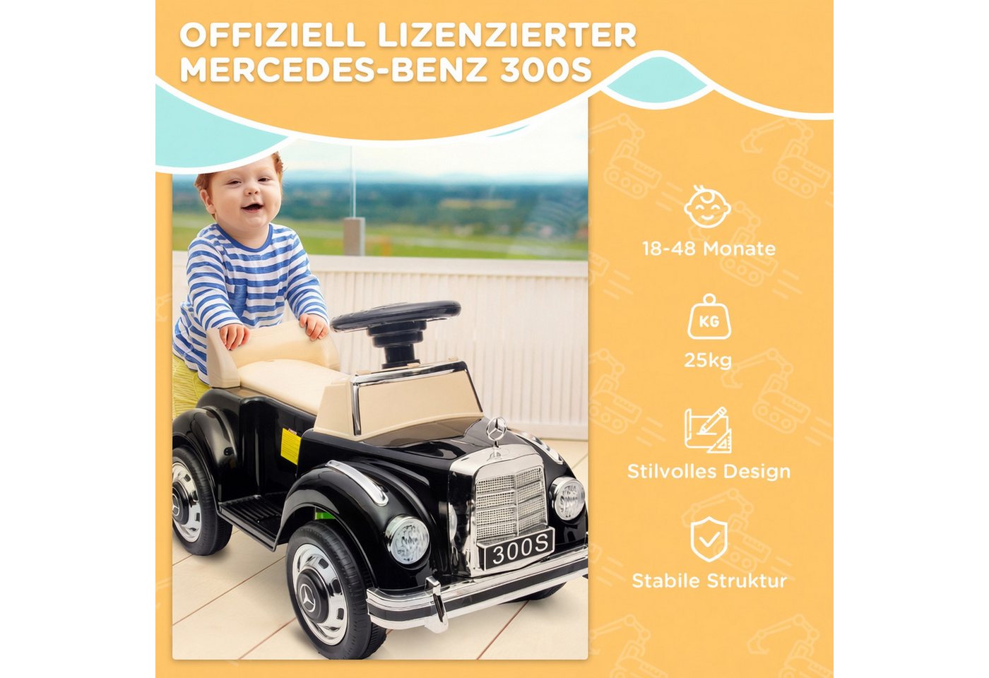 AIYAPLAY Rutscher Rutschauto, Rutscher mit Stauraum, Kippschutz für 18-48 Monaten, (Kinderfahrzeug, 1-tlg., Kinderauto), Schwarz 77,5 x 41,5 x 45 cm – Bild 4 von 5