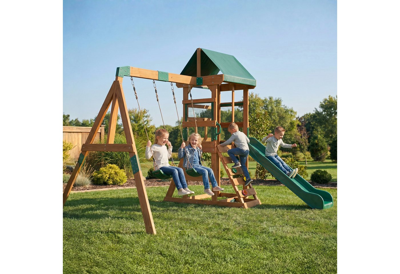 AIYAPLAY Schaukelgestell Rutsche, Schaukeln, Kletterwand, überdachtem Oberdeck Spielhaus, (Spielturm Klettergerüst, 1-tlg., Outdoor Kinder Kletterturm), aus Hol – Bild 2 von 5