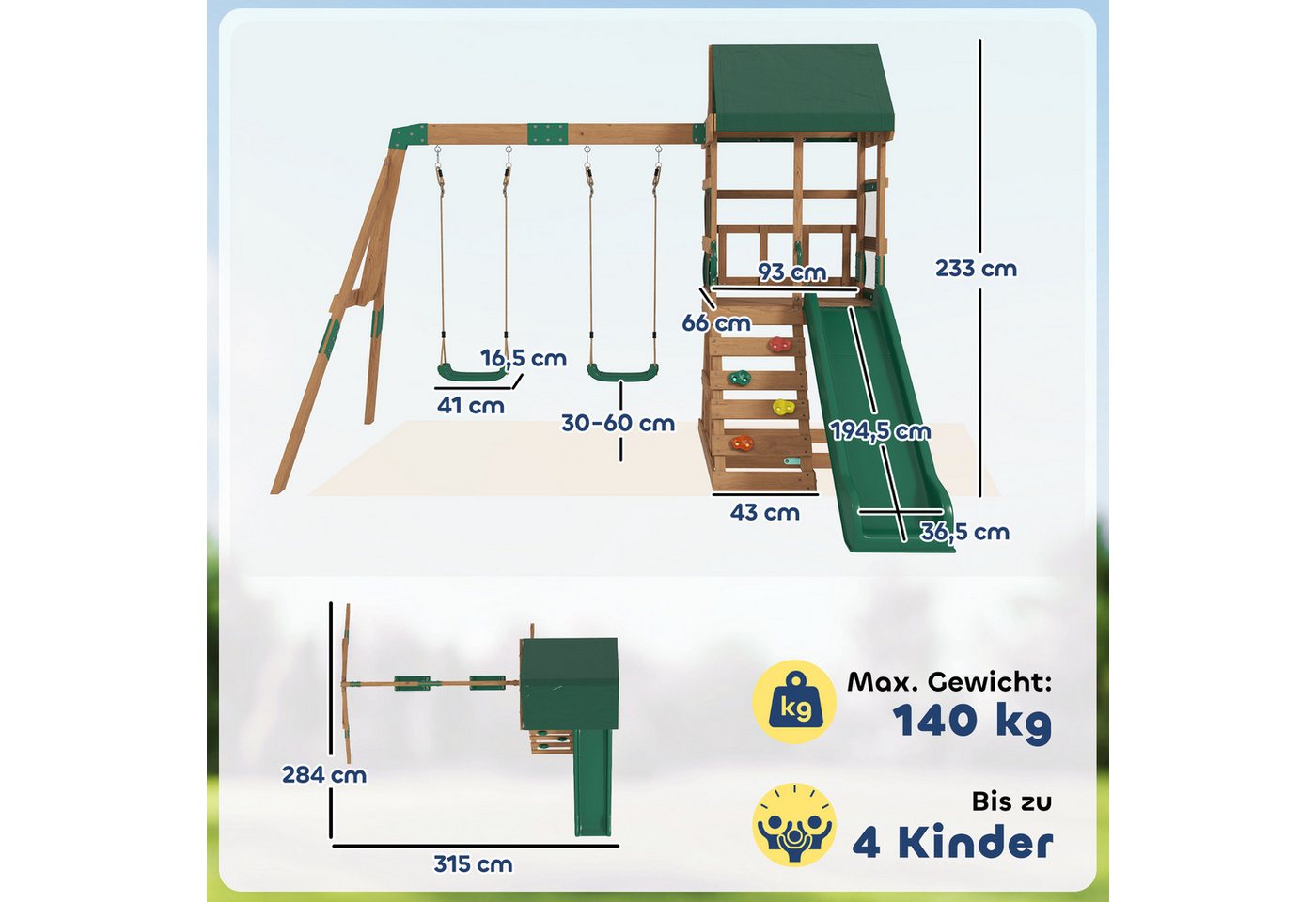 AIYAPLAY Schaukelgestell Rutsche, Schaukeln, Kletterwand, überdachtem Oberdeck Spielhaus, (Spielturm Klettergerüst, 1-tlg., Outdoor Kinder Kletterturm), aus Hol – Bild 3 von 5