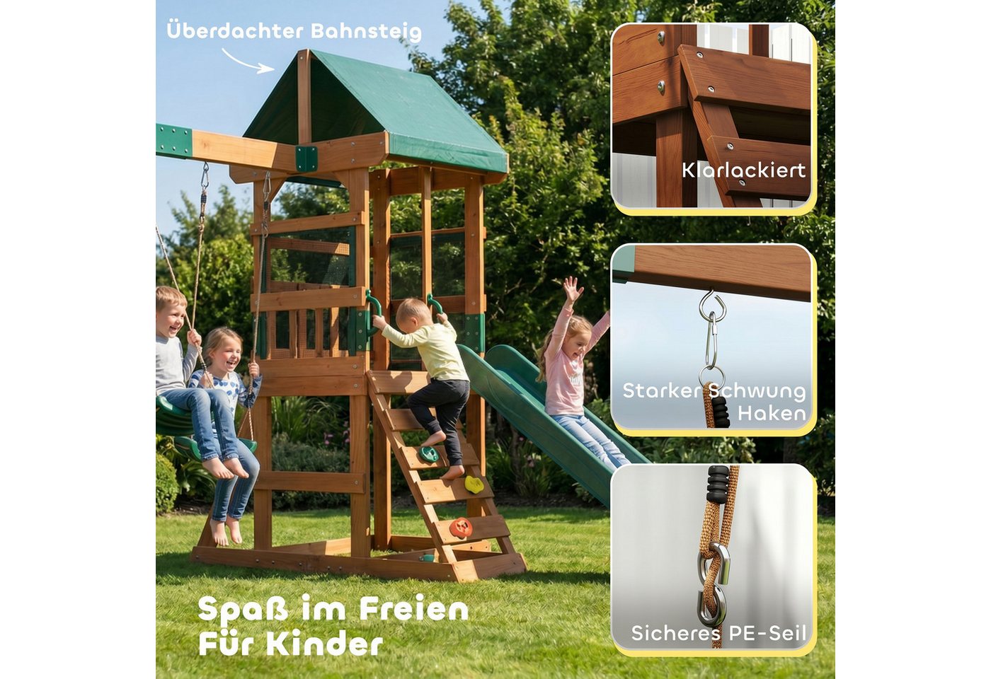 AIYAPLAY Schaukelgestell Rutsche, Schaukeln, Kletterwand, überdachtem Oberdeck Spielhaus, (Spielturm Klettergerüst, 1-tlg., Outdoor Kinder Kletterturm), aus Hol – Bild 5 von 5