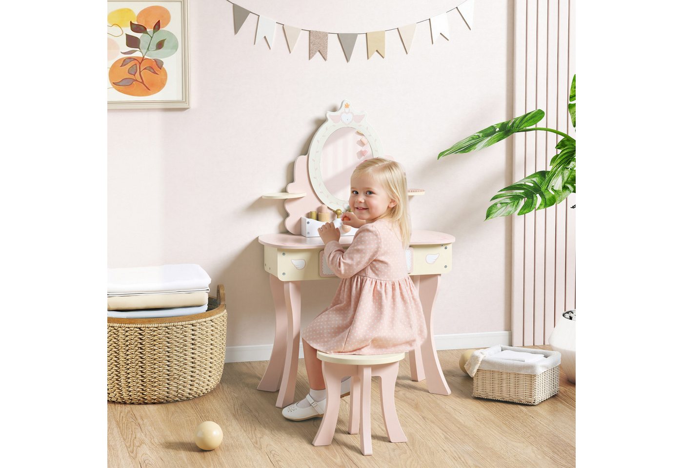 AIYAPLAY Schminktisch Kinder Schminktisch-Set mit Hocker, Schublade (Frisiertisch, 2-St., 2-in-1-Kosmetiktisch), für Kinder ab 3 Jahre, Rosa – Bild 2 von 5