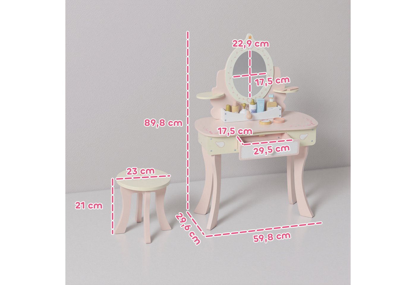 AIYAPLAY Schminktisch Kinder Schminktisch-Set mit Hocker, Schublade (Frisiertisch, 2-St., 2-in-1-Kosmetiktisch), für Kinder ab 3 Jahre, Rosa – Bild 3 von 5